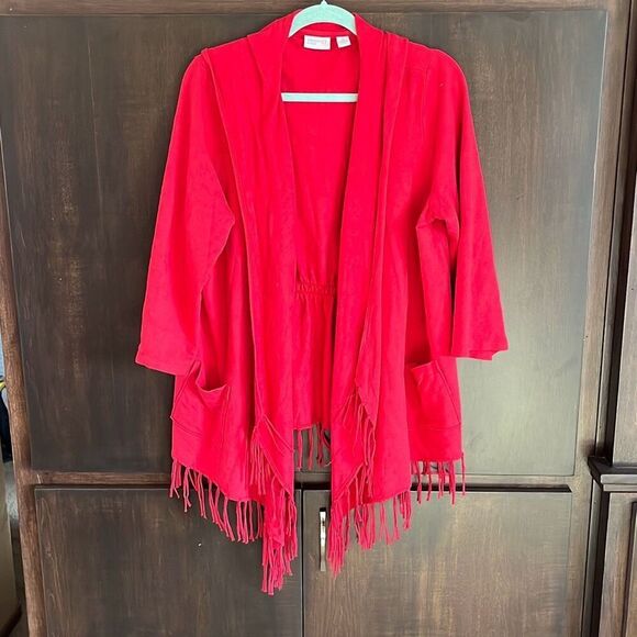 Chico’s Zenergy Orange Red Hooded Fringe Jacket Large - Picture 2 of 5